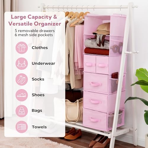 GRANNY SAYS Hanging Closet Organizer, 5 Drawers, 6 Shelves, 6 Pockets, Pink - Image 4