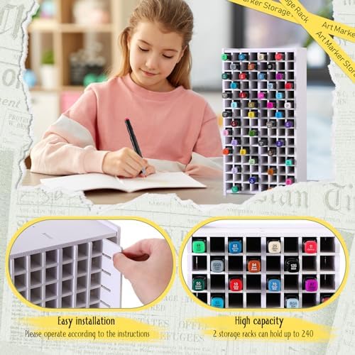 Sunnychicc 2 Pack Marker Storage Organizer, 240 Slots Total Art Supply Holder for Desk, Marker Rack with Removable Dividers for Colored Pencils & Paint Brushes (13 x 6.6 x 5.3 Inch) - Image 3