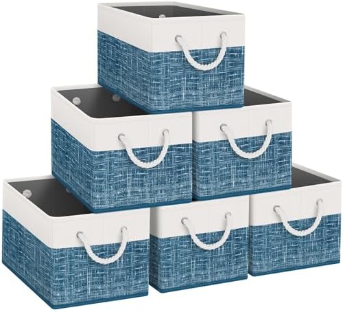 Fab totes Storage Bins 6-Pack, Foldable Storage Baskets for Organizing Toys, Books, Shelves, Closet, Large Storage Box with Rope Handles, Sturdy Organizer Bins, White & Blue by Fabtotes