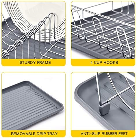TOOLF Dish Rack, Large Capacity, Dish Drying Rack with Cutlery Holder, Removable Drip Tray, Cup Holder, Compact Kitchen Drainers for Countertop, Grey - Image 5