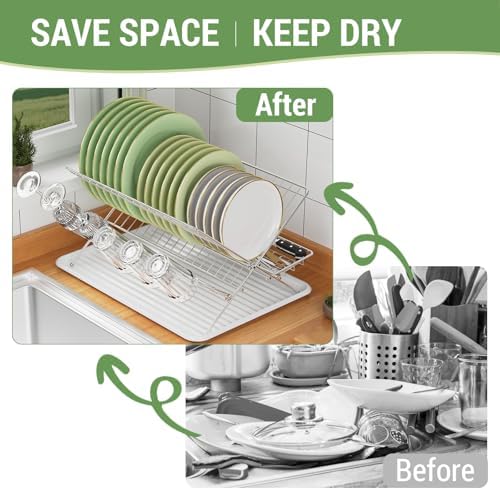 Dish Rack with Drip Tray, Stainless Steel 3-Tier Collapsible Drainer Dish Drying Rack for Kitchen Counter, Sink, Countertop,Cutlery, Dishes Utensils Flatware Holder Set, Reversible Cup Draining Rack - Image 6