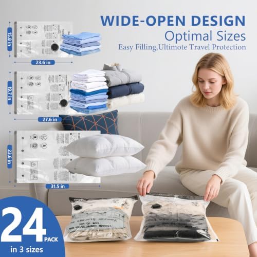 24 Pack Travel Vacuum Bags for Clothing with Rechargeable Wireless air Pump - Image 3