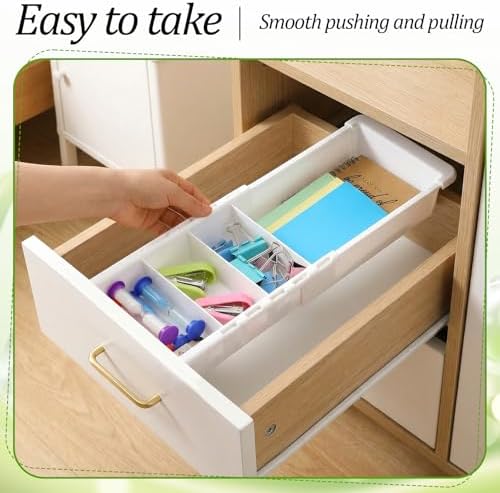 3 Pcs Expandable Drawer Organizer, Adjustable Drawer Organizer Trays Expandable Plastic Dividers Storage for Office Bathroom Bedroom Kitchen Desk (White) - Image 5