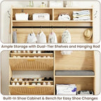 43.3" Hall Tree with Shoe Storage, Entryway Coat Rack with Flip Drawers Shoe Cabinets, Padded Shoe Changing Bench, Metal Hanging Rod & Hooks, Fluted Grain Accent Entryway Organizer for Hallway - Image 6