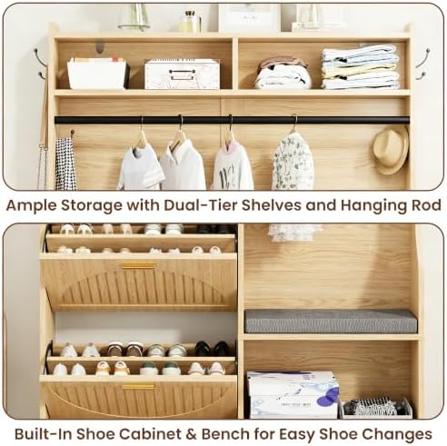 43.3" Hall Tree with Shoe Storage, Entryway Coat Rack with Flip Drawers Shoe Cabinets, Padded Shoe Changing Bench, Metal Hanging Rod & Hooks, Fluted Grain Accent Entryway Organizer for Hallway - Image 6