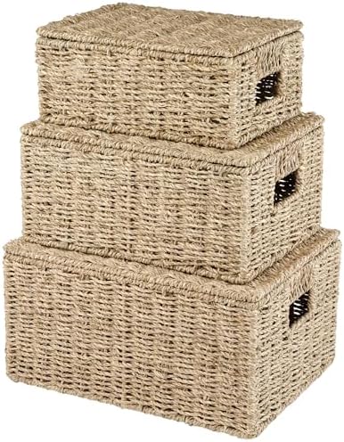 Set of 3 Seagrass Storage Baskets with Lid by 84ECO