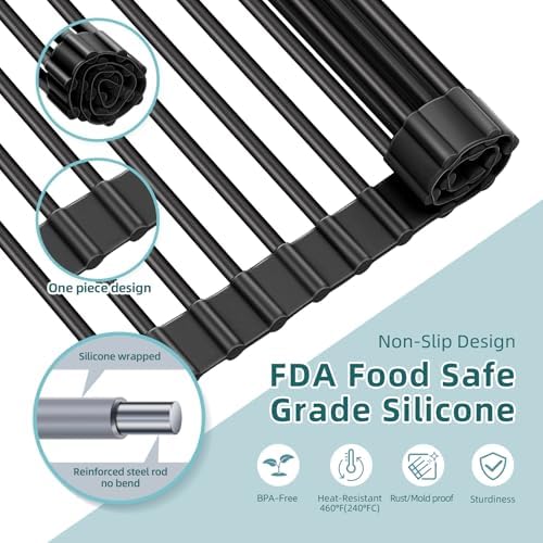 Ohuhu Sink Drying Rack, 20.5" W x 16.1" L Over Sink Roll-Up Dish Drainer - Rolling Foldable Accessories Heat-Resistant Mat Anti-Slip Silicone Coated Multipurpose for Kitchen Counter - Image 4