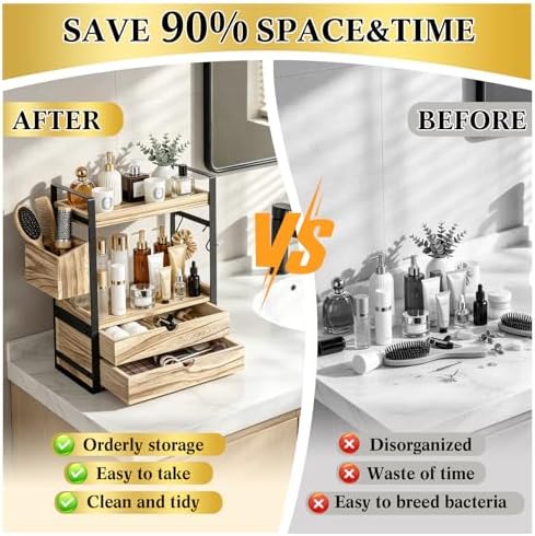 2-Tier Bathroom Counter Organizer with 2 Drawers, Basket and Hooks, Wood Bathroom Organizers and Storage for Countertop, Farmhouse Bathroom Countertop Organizer for Vanity, Kitchen, Coffee Bar, Office - Image 6