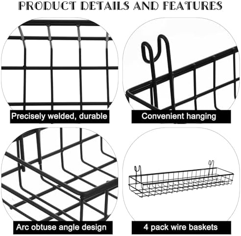 4 Pcs 15.75 x 3.94 x 1.97 Inch Metal Grid Wall Baskets with Hooks Grid Wall Shelves Hanging Wire Basket Multi Function Storage Organizer for Kitchen Organizing Display (Black) - Image 3