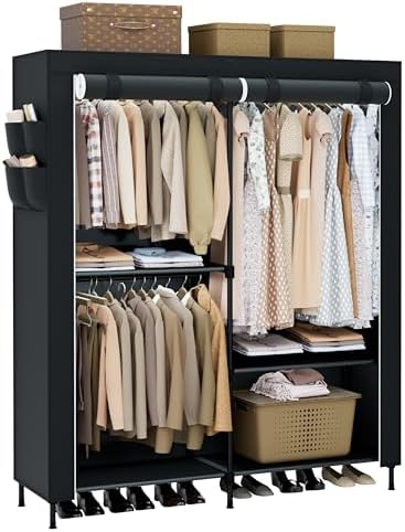 CASAMAYA Clothes Rack, Portable Closet, 54.7 Inch Large Capacity Wardrobe Closet with Cover, Clothes Storage Organizer with Shelves and 3 Hanging Rods, Easy to Assembly, Black PCT122B01 by Unknown