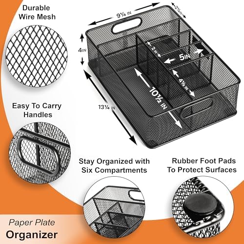 Gennua Kitchen Paper Plate Organizer for Cabinet, Counter, Picnics, Parties & More, Extra Large Utensil Caddy Crafted of Thick Iron Mesh With 6 Compartments for Paper Plates & Plastic Silverware - Image 2