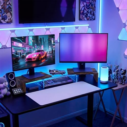 Dual Monitor Riser, Acrylic Monitor Riser with Keyboard Storage, Adjustable Angle & Length Computer Monitor Stand, Wide Desk Shelf for Top of Desk for Home Office_Wood Look - Image 2