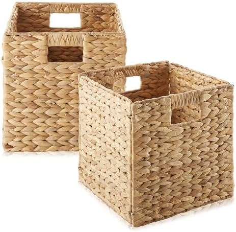 Casafield 10.5" x 10.5" Water Hyacinth Storage Baskets, Natural - Set of 2 Collapsible Cube Organizers, Woven Bins for Bathroom, Bedroom, Laundry, Pantry, Shelves by Casafield