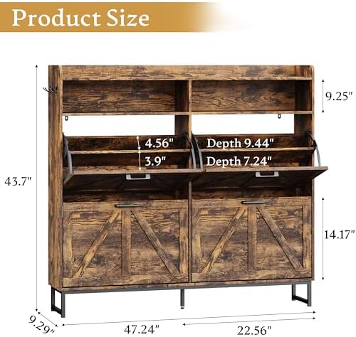 Wodeer Shoe Cabinet Storage for Entryway, Shoe Storage Cabinet with 4 Flip Drawers, Freestanding Narrow Shoe Rack Organizer with Metal Legs, Adjustable Shelves & Open Storage for Foyer, Hallway, Brown - Image 2