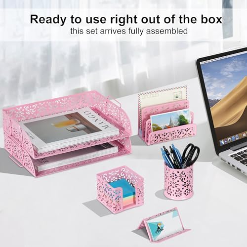 EasyPAG Desk Organizers and Accessories 5 Pieces Office Supplies Set - 2 Tier Paper Tray, Pencil Organizer for Desk, Mail Sorter Countertop, Business Card Holder and Sticky Note Holder, Pink - Image 4