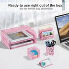 EasyPAG Desk Organizers and Accessories 5 Pieces Office Supplies Set - 2 Tier Paper Tray, Pencil Organizer for Desk, Mail Sorter Countertop, Business Card Holder and Sticky Note Holder, Pink - Image 4