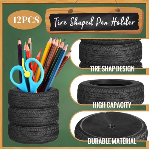 Crtiin 12 Pcs Tire Shaped Pen Holder for Desk, Car Tire Planter Gift, Black - Image 2
