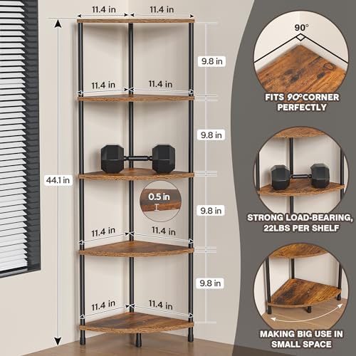 5 Tier Corner Shelf Stand, 44.1", Rustic Brown - Image 2