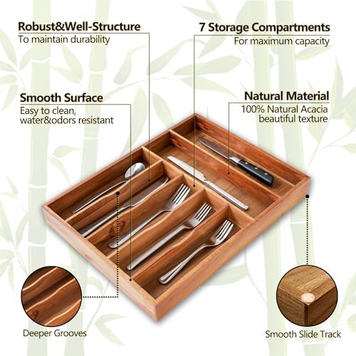 Silverware Organizer, 12.5 Inch Utensil Organizer Kitchen Drawer Organizer Acacia Silverware Holder Cutlery Tray Organizer in Drawer Flatware Organizer Tray(7 slots, Acacia） - Image 3