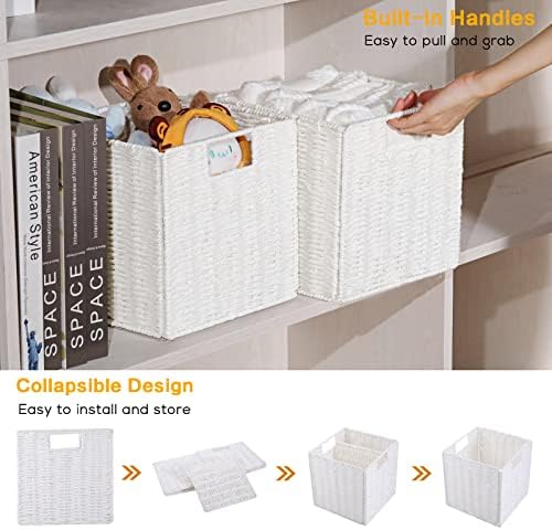 Vagusicc Wicker Storage Basket, Set of 2 Hand-Woven Storage Baskets for Organizing, White Foldable Cube Storage Bins Organizer, 9 x 9 Inch Square Wicker Storage Baskets for Shelves Pantry Decor - Image 3