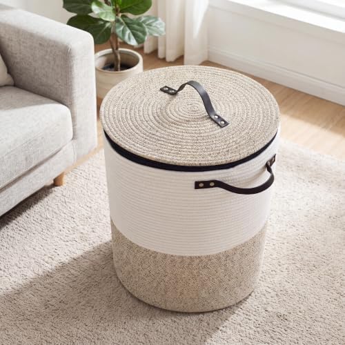Laundry Basket with Lid, 15" x 20" Tall Woven Blanket Storage for Living Room, Round Cotton Rope Nursery Hamper with Zipper, Lidded Kids Toy Bin, Large Decorative Basket with Cover, Brown - Image 5