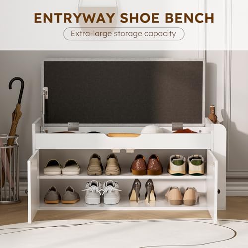39.4" Storage Bench - Entryway Shoe Bench with Side Storage Shelves and 2 Doors, Multifunctional Entryway Bench with Lift Top Cushion, Shoe Storage Bench for Bedroom, Living Room, White - Image 3
