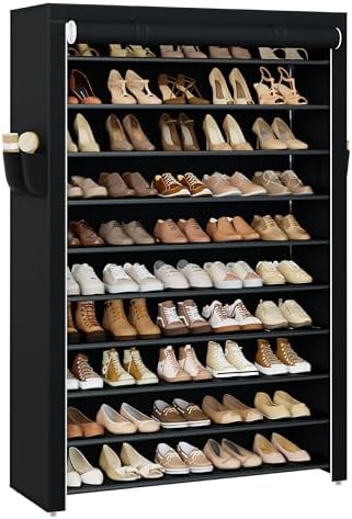 CASAMAYA Shoe Rack with Covers, 10 Tiers Tall Shoe Rack Organizer, Large Capacity Shoe Shelf Storage, Hold 50 Pairs of Shoes, Vertical Shoe Storage Organizer for Closet, Entryway, Black, SRT105B01 by Unknown
