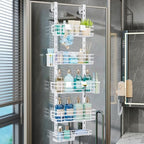 Consumest Over The Door Shower Caddy - 5 Tier Adjustable Shower Organizer Hanging with 2 Toothbrush Holders & 4 Hooks, Rustproof Organizer Shelf, Storage Rack for Bathroom, White by Consumest