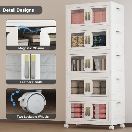 UAMFURI Stackable Storage Bins with Lids, Clear Doors, Large Storage Cabinet Foldable Collapsible Closet Organizers for Bedroom Dorm Office (5, White, 48, Quarts) - Image 4