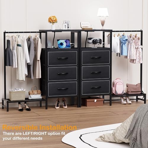 Dresser for Bedroom with Hanging Rack, 3 Drawers Closet with Charging Station, Fabric Chest of Drawers with Clothes Rack, Storage Organzier for Hallway Entryway, Black - Image 4