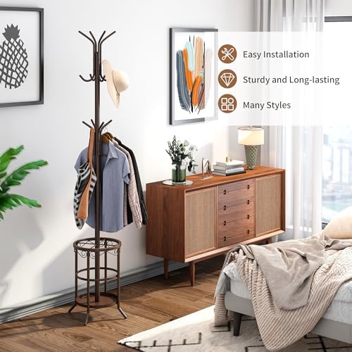 Coat Rack Freestanding with Umbrella Stand Coat Rack Stand with 12 Hooks Metal Coat Tree Coat and Hat Hanger Jacket Entryway(Brown) - Image 3