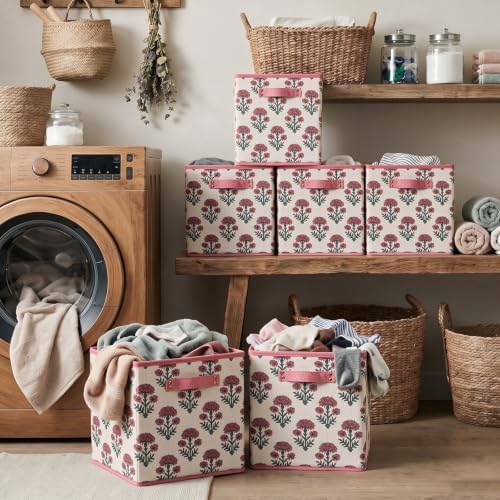 6 Pcs Fabric Floral Cube Storage Bins 11 Inch Flower Storage Basket with Handle, Linen Collapsible Fabric Box for Classroom Bedrooms Office Home Decoration (Pink indian flowers) - Image 4