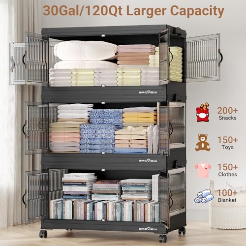 BROVIEW 30Gal Stackable Storage Bins with Lids Foldable Boxes,Black,1Pack - Image 3