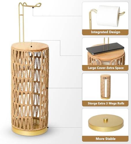 Trongee Freestanding Toilet Paper Holder with Storage,Goldn Handmade Woven Toilet Paper Roll Holder Stand,3 Rolls of Tissue Holder for Bathroom,Rattan Sturdy Boho Bathroom Toilet Paper Storage - Image 4