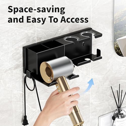 Hair Dryer Holder, Hair Tool Organizer Wall Mount, Adhesive or Drill, Black - Image 2