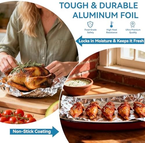 Aluminum Foil Roll, 12in x 500Sq Ft Aluminum Foil, Thick Strong Tin Foil with Cutter, Food Safe Cling Wrap for Cooking, Baking, Roasting, Grilling, Freezer Storage - Image 3