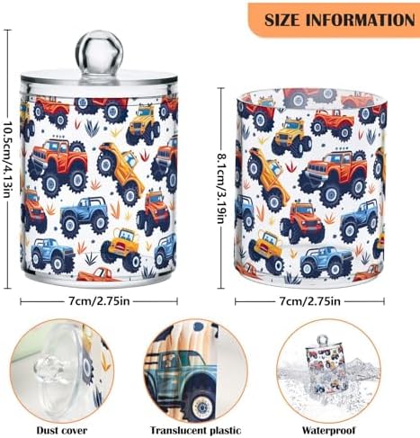 4 Pack Qtip Holder Dispenser with Lids,Cute Monster Trucks Plastic Storage Containers,Bathroom Canisters Organizer for Cotton Ball,Cotton Swab,Cotton Round Pads,Floss 21219995 - Image 2