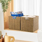 Vagusicc Wicker Storage Basket, Set of 2 Hand-Woven Storage Baskets for Shelves with Handles Foldable Cube Storage Baskets Bins, 9 inch Wicker Baskets for Pantry Bedroom Organizer &Decor, Natural - Image 3