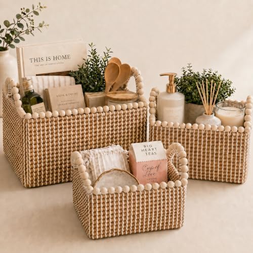 Boho Wicker Storage Baskets for Shelves: Set of 3 Woven Decorative Storage Bins with Handles, Stackable Seagrass Shelf Baskets for Organizing, Wicker Basket for Bathroom, Bedroom, Closet, Pantry by Flygoi