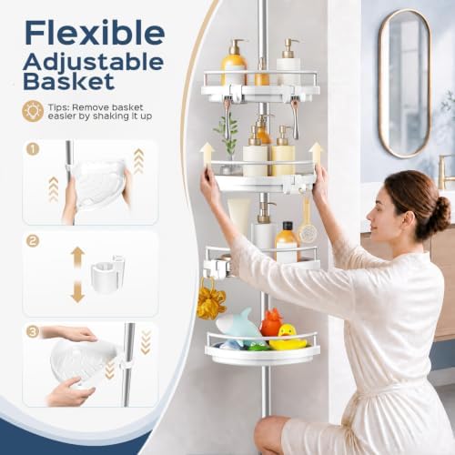 HAMITOR Corner Shower Caddy Tension Pole: Adjustable Stainless Steel Shower Organizer with 4 Tier Shelf for Bathroom Bathtub Tub Shampoo - Floor Standing Rack Bath Storage Holder with Rust Proof Rods - Image 6