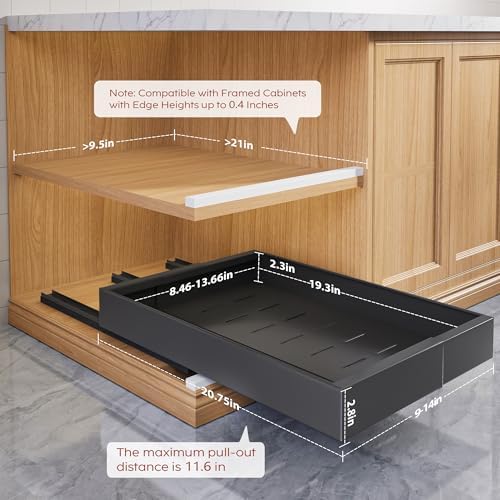Seinloes 2 Pack Pull Out Cabinet Organizers 21" Deep With Raising Pad for Framed Cabinets, Expandable Width (9"-14") Slide Out Drawers Upgrade 3 Slide Rails, Roll Out Shelves Adhesive, Black - Image 4