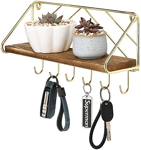 MyGift Burnt Wood and Brass Metal Wall Shelf & Key Holder Rack with 6 Hooks by MyGiftHome