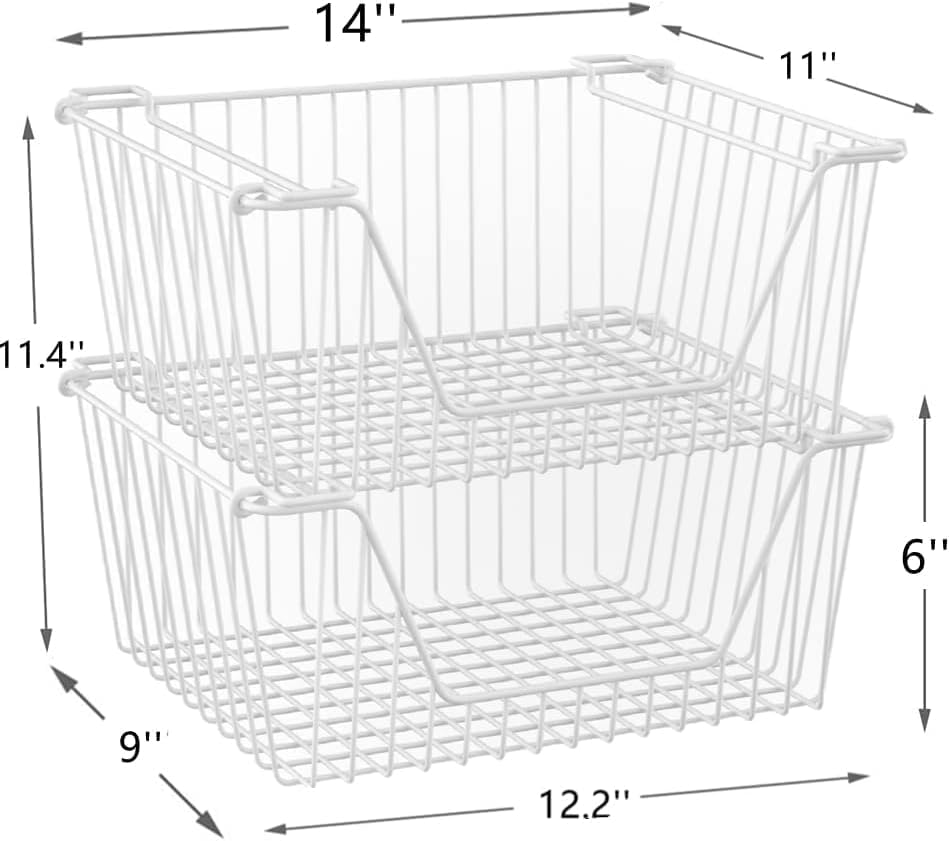 Stackable Wire Metal Baskets Cabinet Organizer Sturdy Metal Wire Pantry Freezer Bin with Handle for Kitchen Fruit Vegetable Organization, White, 3Packs - Image 3