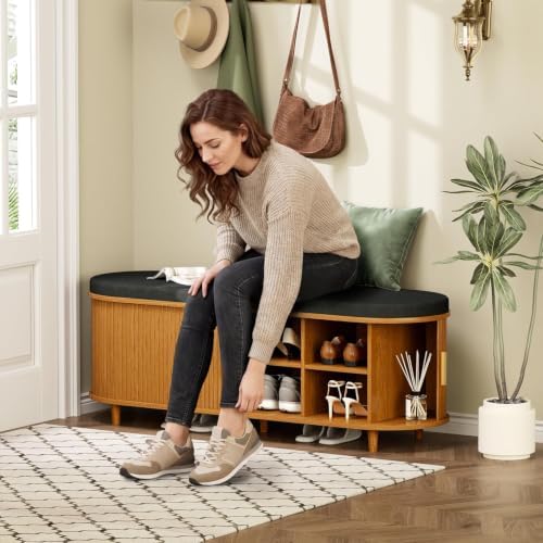 DHH 2-Tier Storage Bench,Wide Shoe Bench with Thickened Padded Seat Cushion, Mid Century Modern Fluted Sliding Door and Adjustable Shelf, for Entryway, Living Room, Bedroom (Yellow Walnut, 51.2”) - Image 6