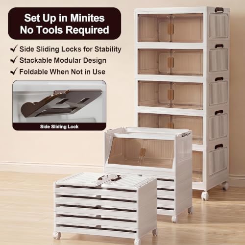 120QT Stackable Storage Bins With Lids, Collapsible Plastic Storage Bins with Wheels and Doors, Foldable Plastic Cabinets for Bedroom Dorm Garage Office Kitchen, 5 Pack - Image 6