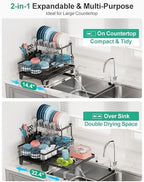 iSPECLE 2 Tier Dish Drying Rack - Expandable Over Sink & Counter Use, Black - Image 2