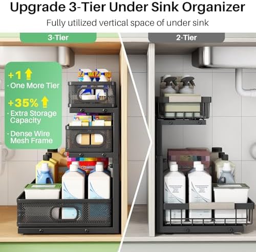 Kitstorack Under Sink Organizer, 2-Pack 3-Tier Height Adjustable Thickened Metal Pull out Cabinet Organizer Shelf, Slide out Storage Drawer Rack for Bathroom Kitchen Pantry Home Laundry Organization - Image 4