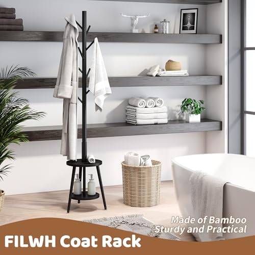 Freestanding Coat Rack with Umbrella Organizer Tray Bamboo Coat Tree Rack with 8 Hook Stand for Clothes Bag Hats Entryway Hanger Stand(Black) - Image 4