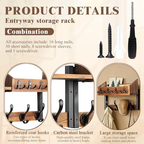 ZOCONE 29" Wood Coat Rack Wall Mount with Shelf, Separable Coat and Key Holder Wall Mount, Entryway Coat Rack with Carbon Steel Fixing Rod for Greater Load-Bearing and Stability, Living Room,Bedroom - Image 3