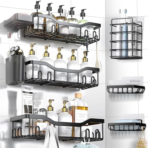 NESOMI Shower Caddy Adhesive Shower Organizer 8-Pack, Rustproof Stainless Steel Bathroom Shelves, Large Capacity No-Drill Rack Storage Accessories with Soap Dish Toothbrush Holder Hooks by OrganizeYourHomeEssentials